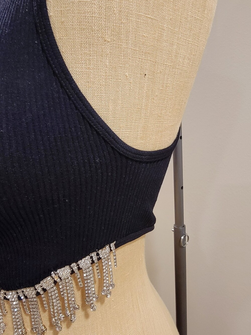Zara Black Ribbed Crop Tank with Rhinestone Fringe - Picture 2 of 5